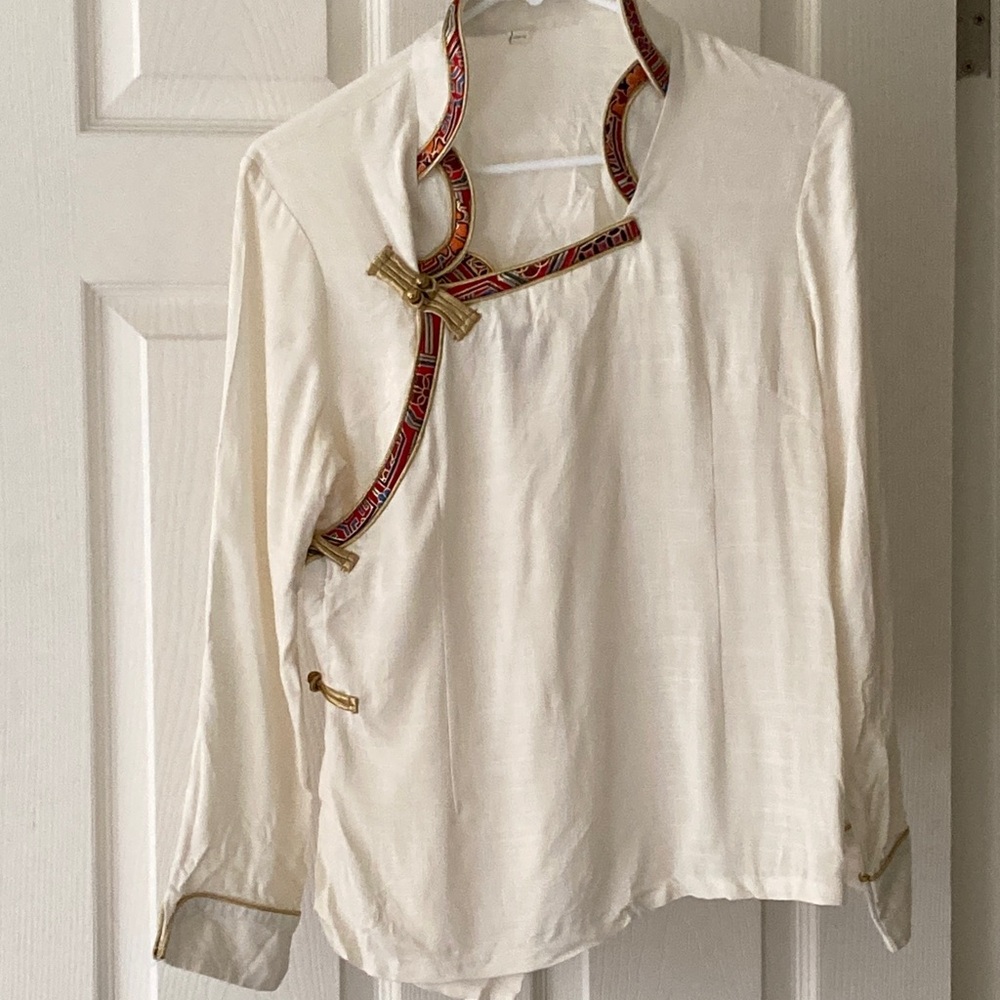Tibetan Cream Long Sleeve Top with Red and gold Accents